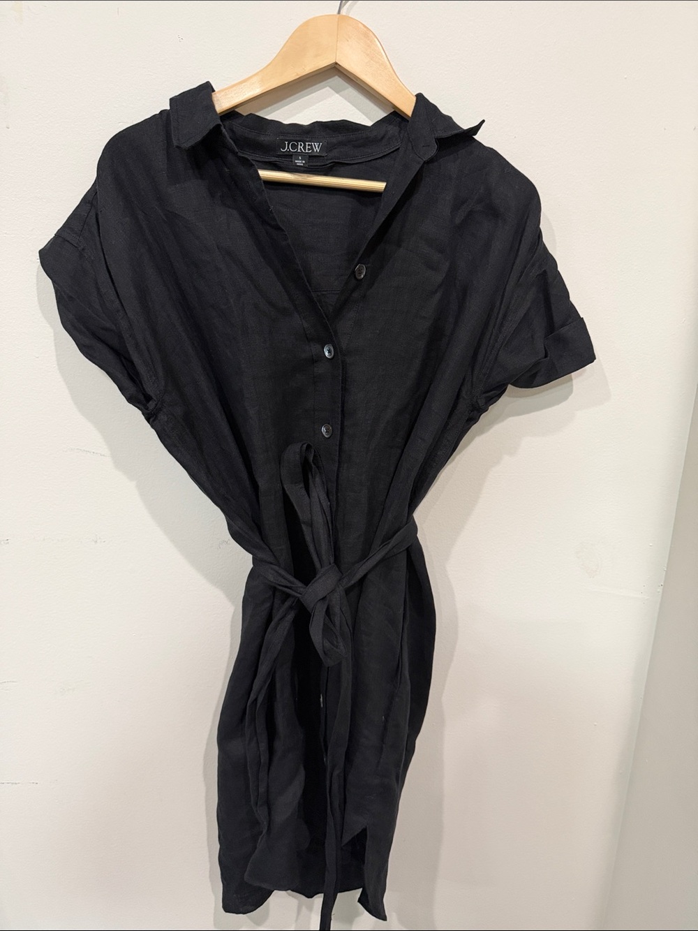 J. Crew Black Linen Tie-Waist Midi Shirt Dress